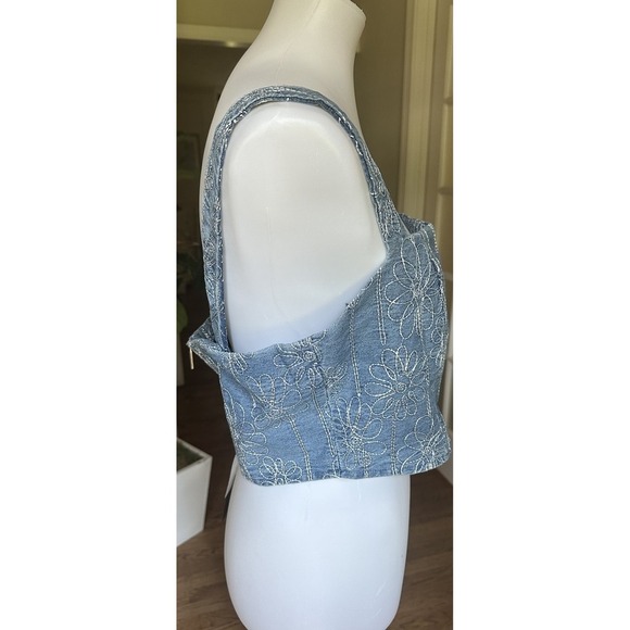 House of Harlow 1960 Blue Floral Embroidered Denim Crop Top Large Square Neck - Picture 5 of 12